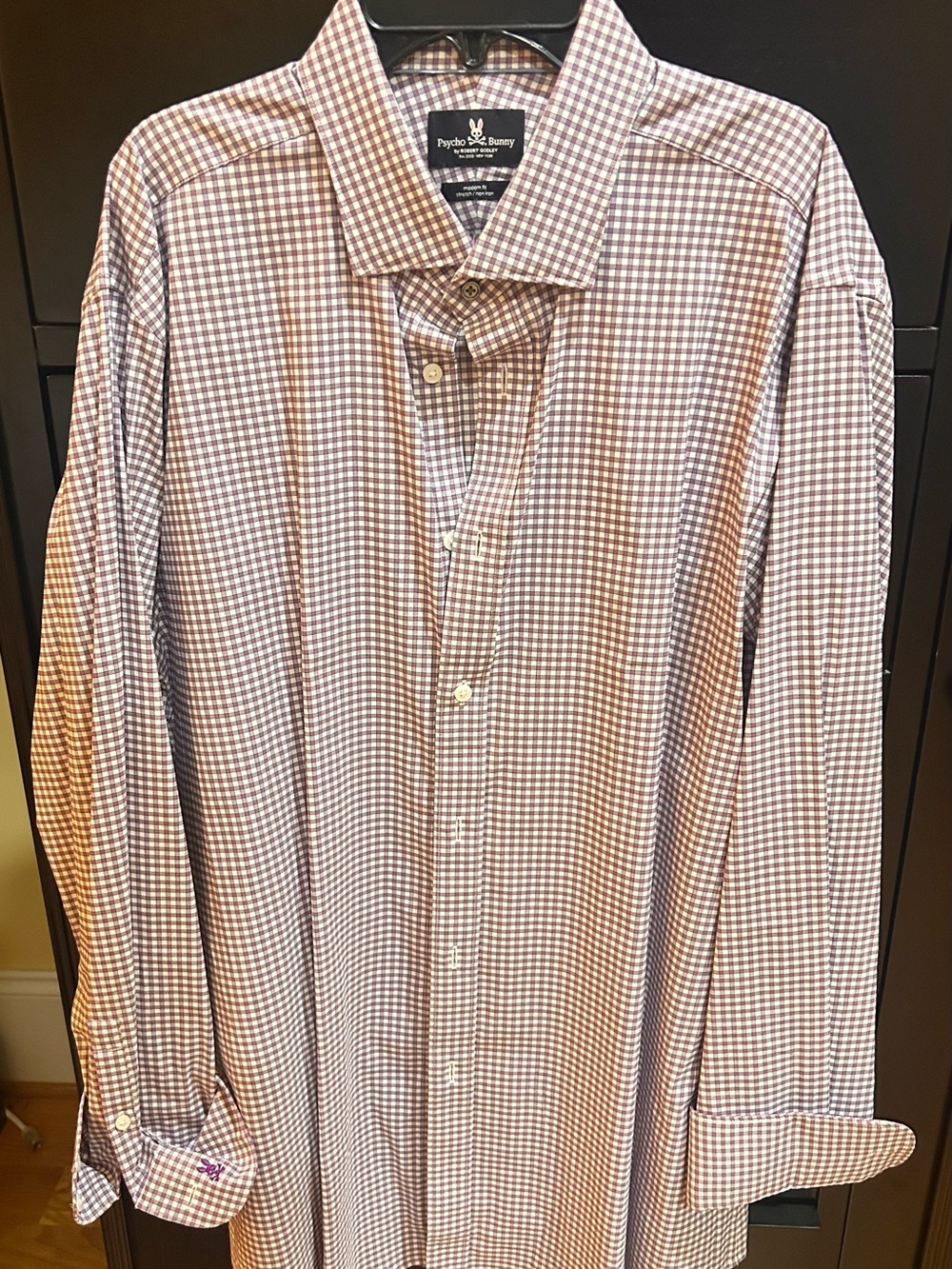 Psycho Bunny Men's Brown and White Gingham Button-Down Shirt
